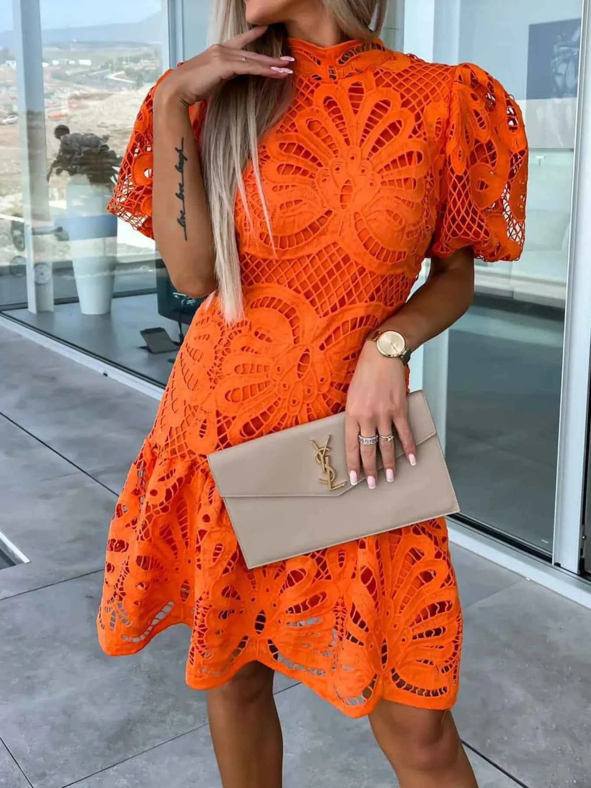 Elevate Your Style with Our Lace Mock Neck Puff Sleeve Dress