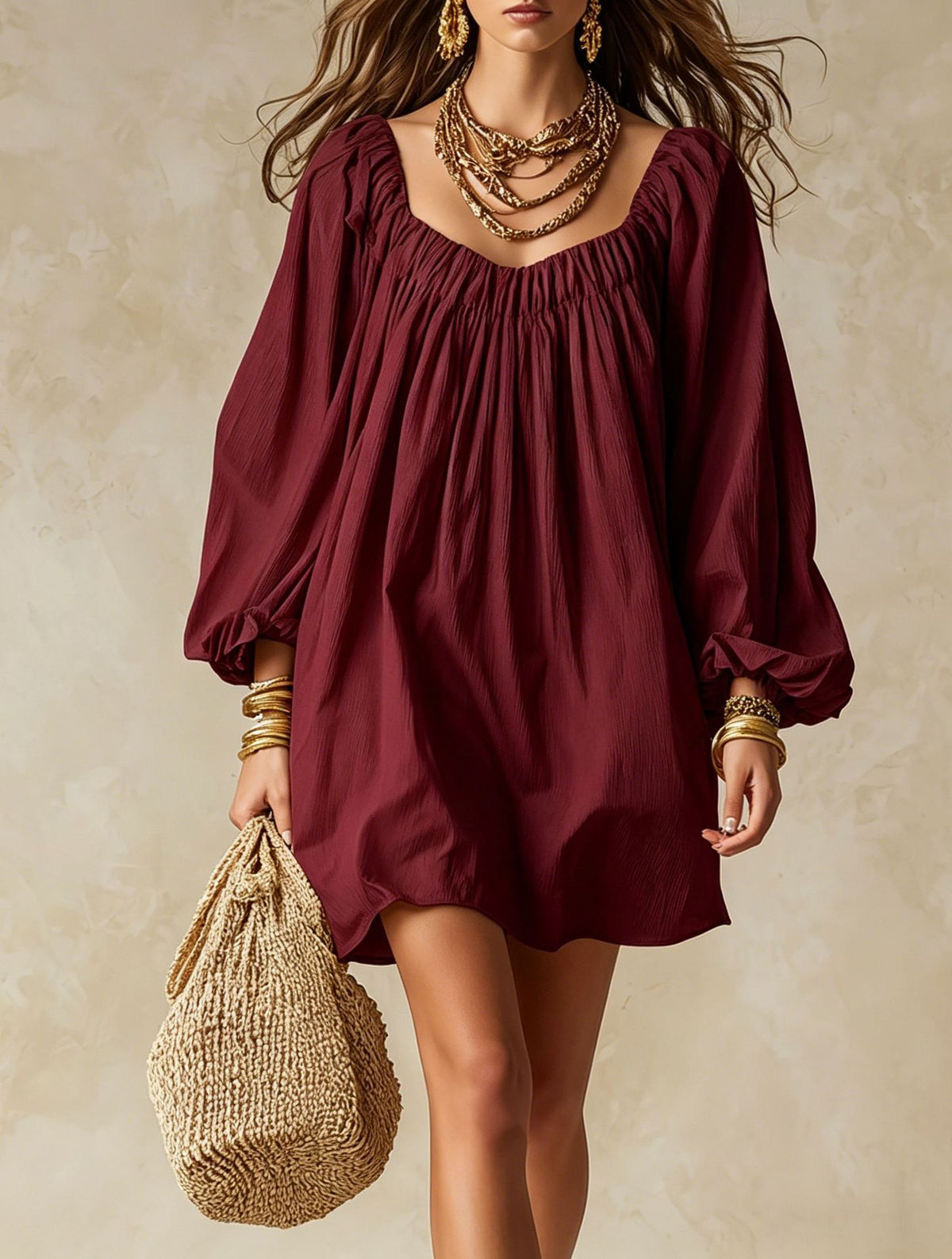 Bohemian Lantern Sleeve Dress front view