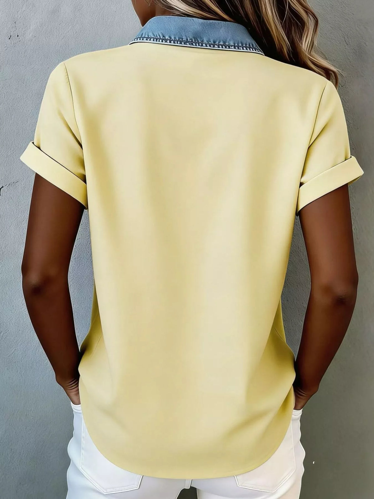 Denim Trim Short Sleeve Shirt denim trim detail
