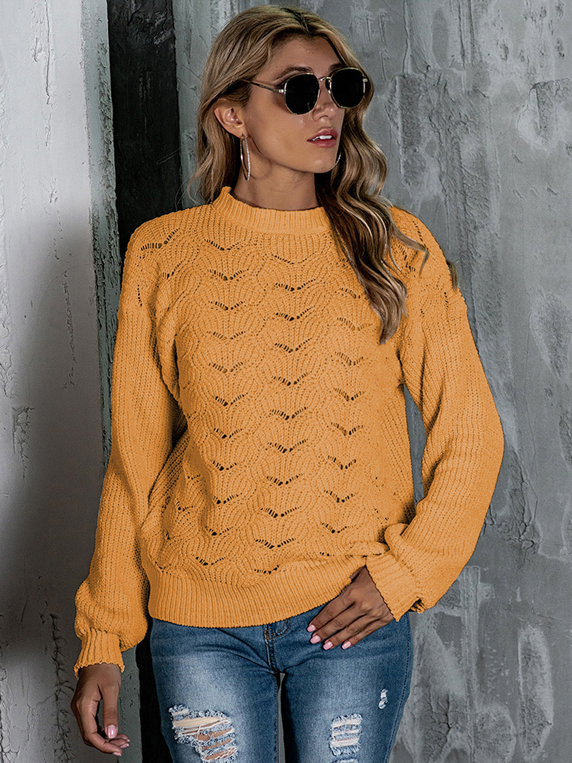 Openwork Mock Neck Long Sleeve Sweater openwork design