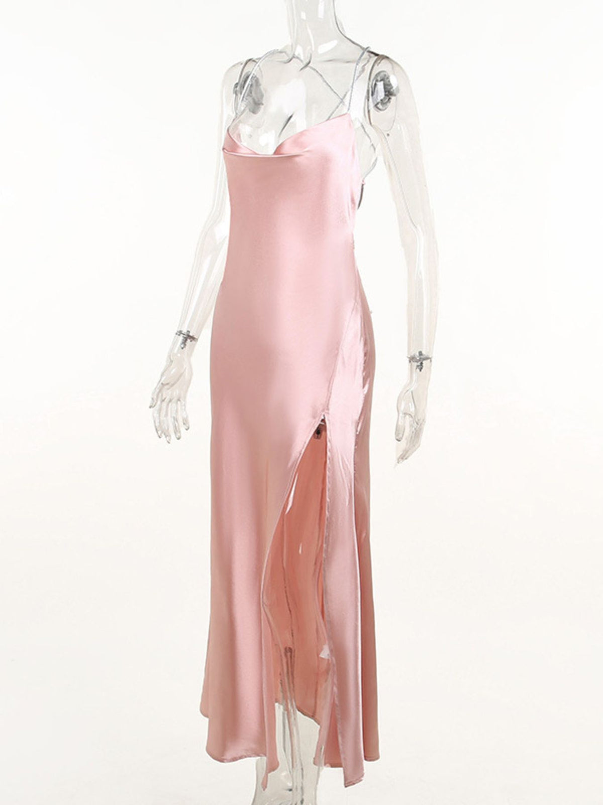 Slinky satin cowl neck dress evening outfit