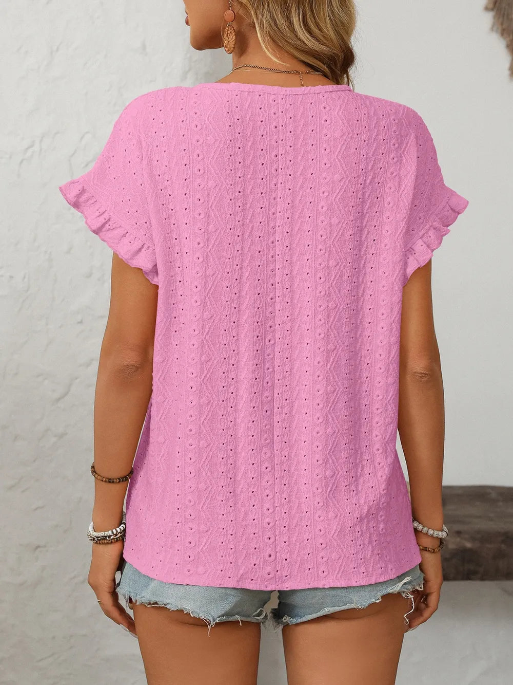 Mandy Eyelet Round Neck Top frill accent