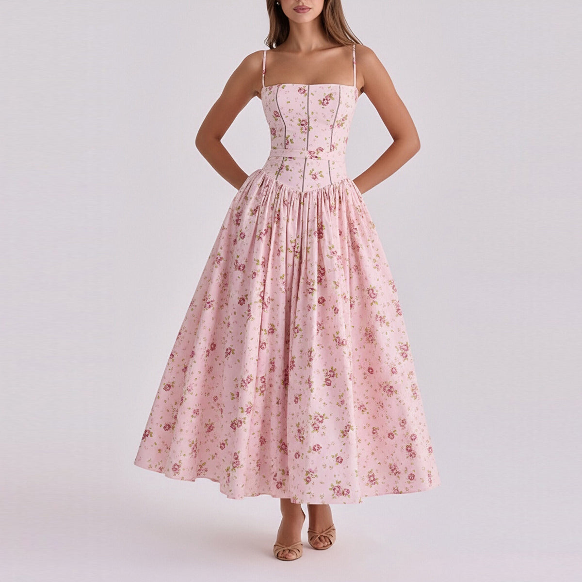 Elegant Summer Flared Strap Dress – Floral Style showcasing flared design and stunning floral patterns for summer elegance.