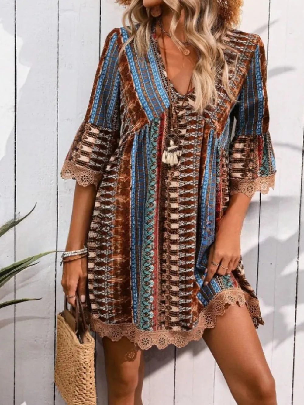 Lace trim v-neck dress full length view