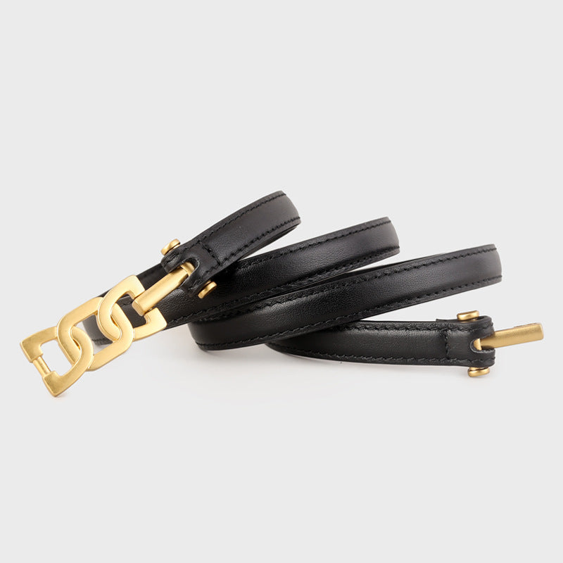 Gold Buckle Skinny Leather Belt showcased in black leather with a stylish gold buckle design.