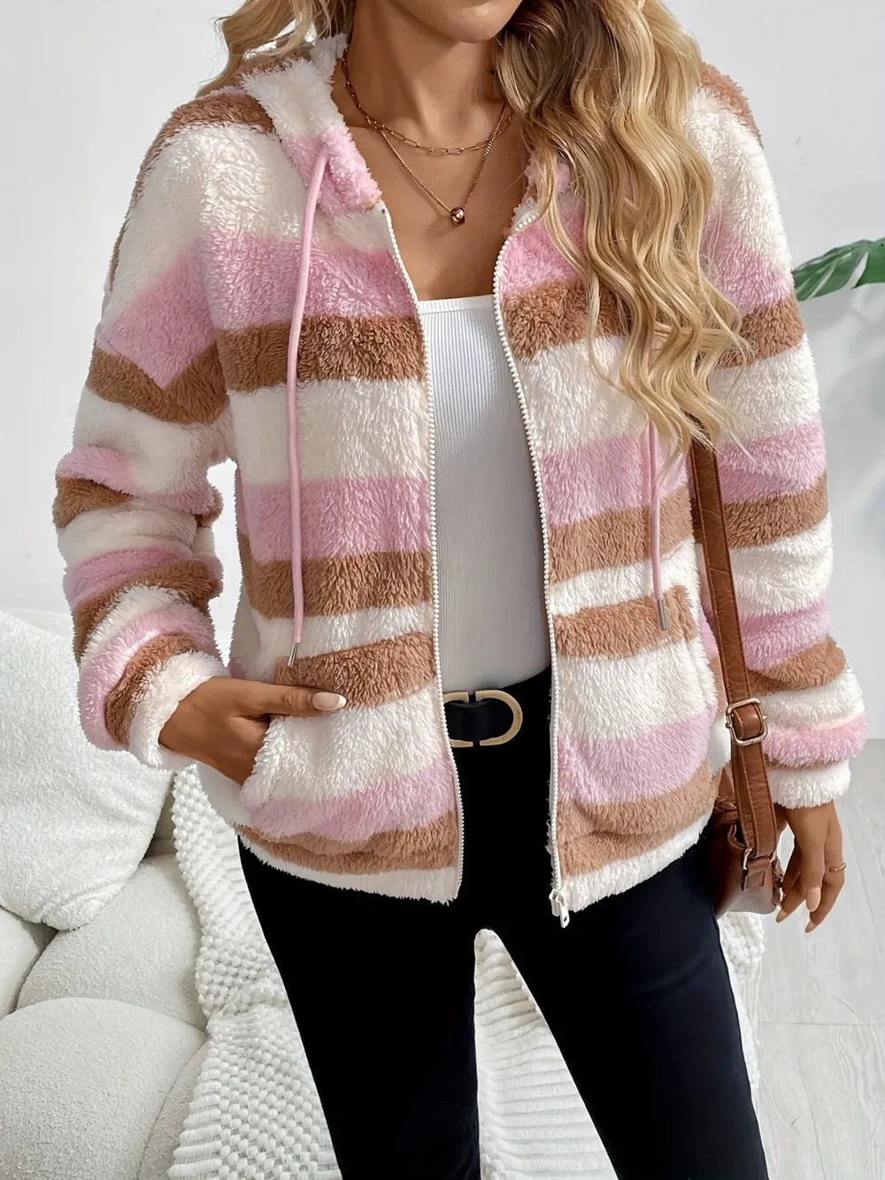 Drawstring Striped Zip Up Hooded Jacket drawstring hood
