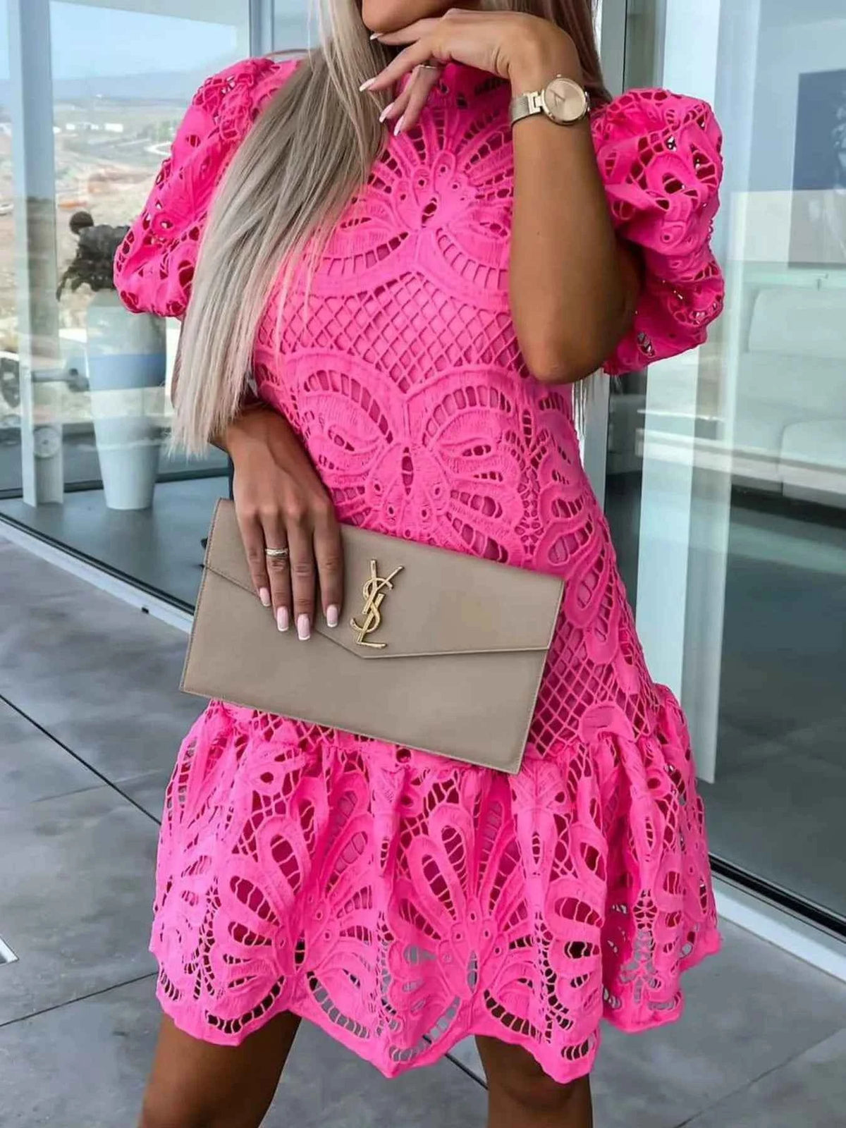 Elevate Your Style with Our Lace Mock Neck Puff Sleeve Dress