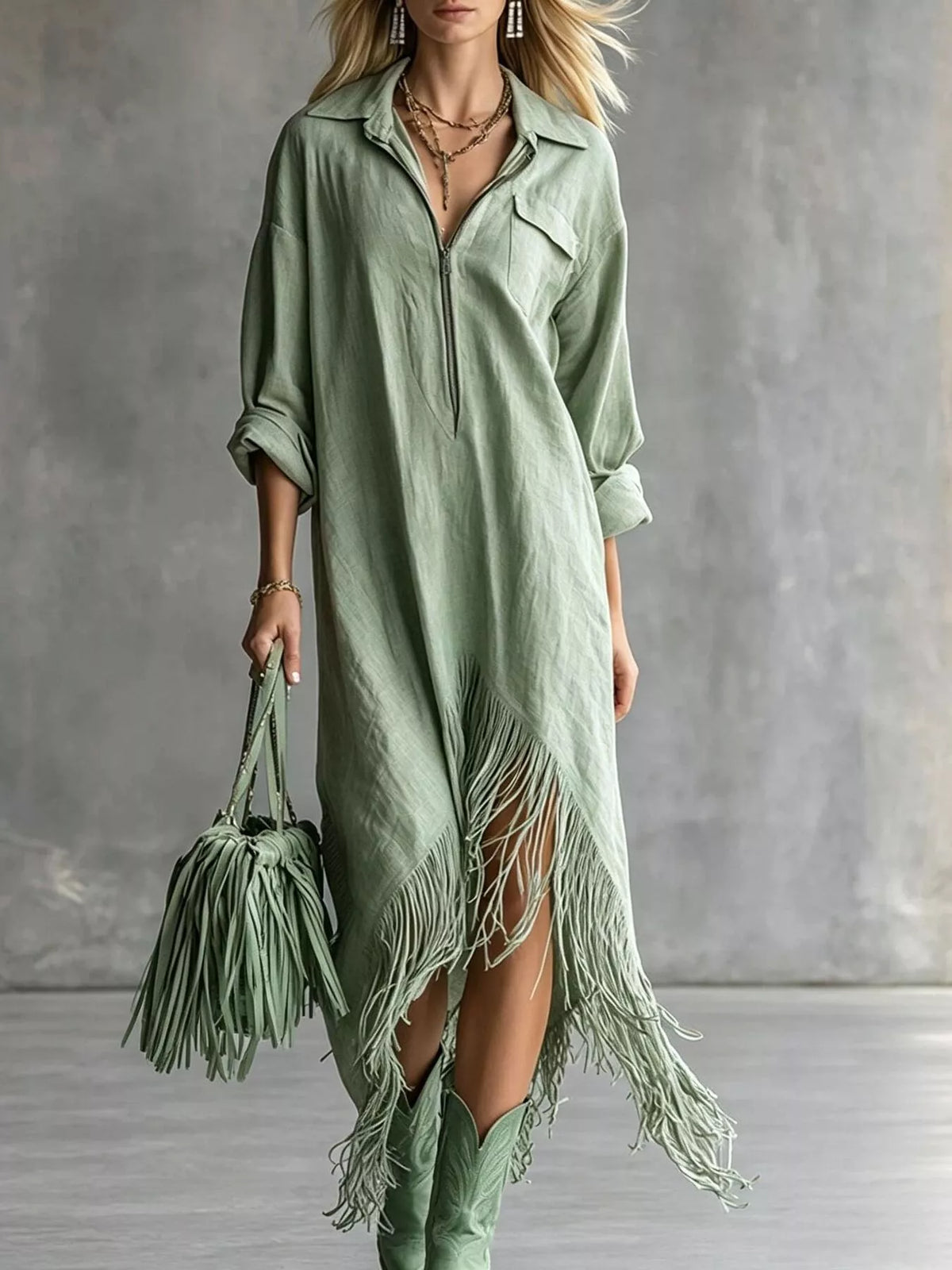 Fringe Hem Zip-Up Shirt Dress women&