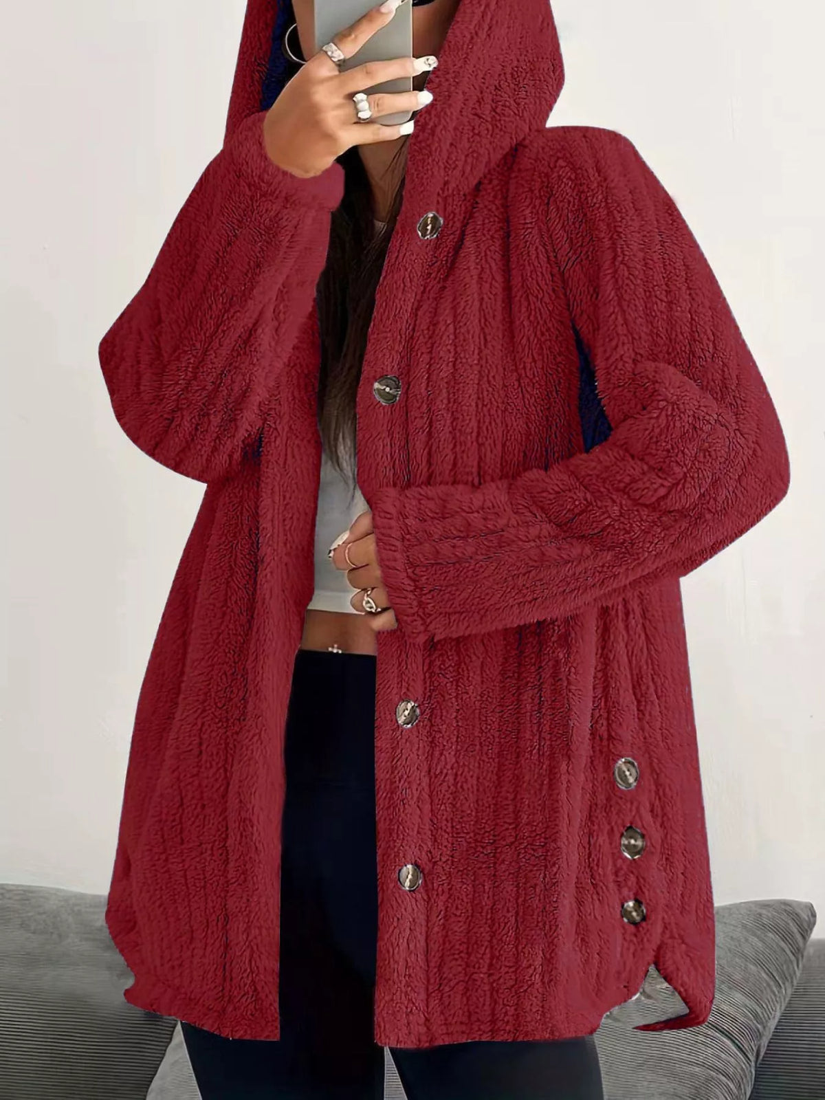 Plus Size Fleece Hooded Jacket in red, showcasing cozy style with buttons and a spacious fit for ultimate comfort.
