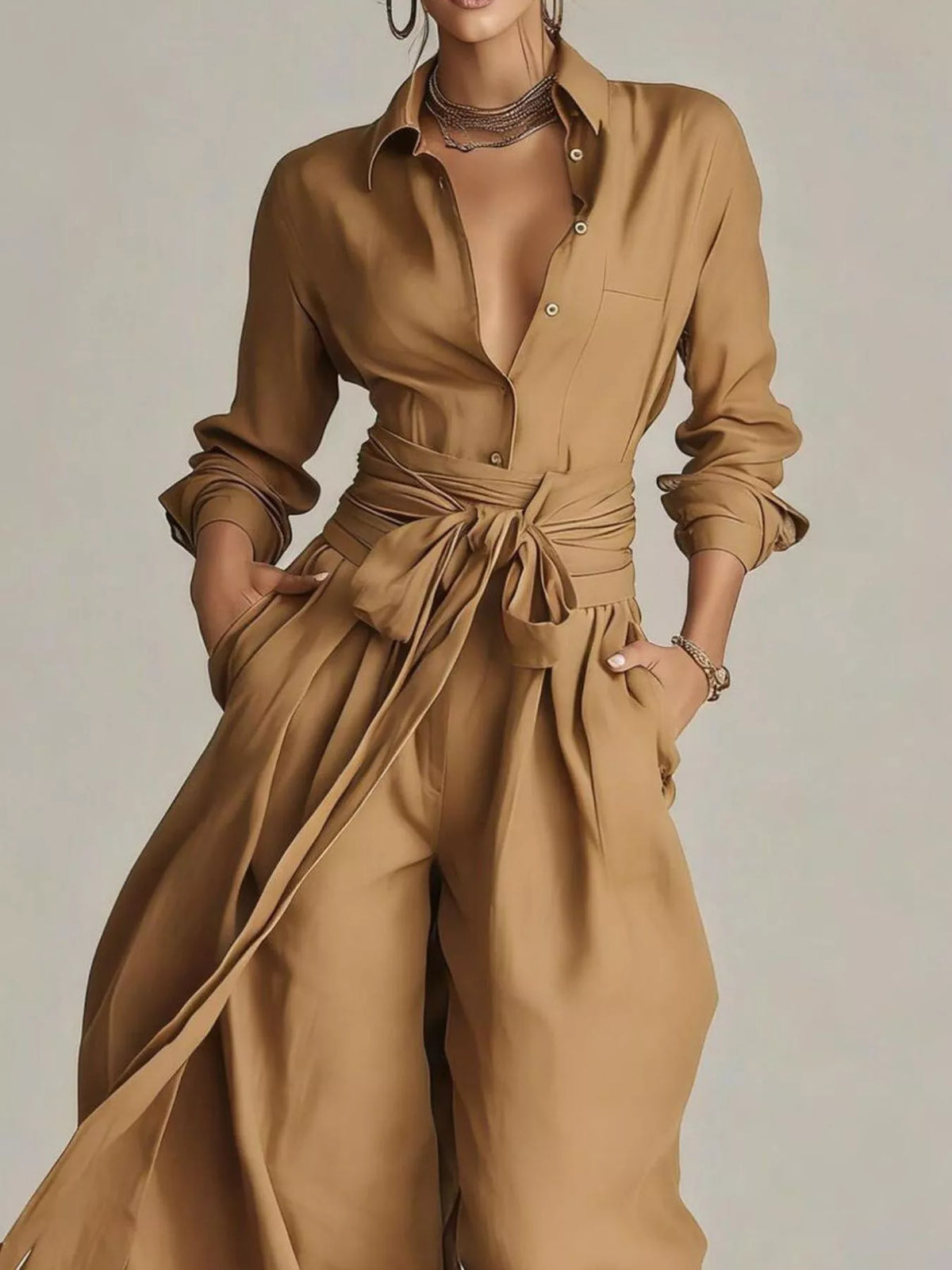 Back view of a woman wearing a Long-Sleeve Waist-Tie Jumpsuit in brown, showcasing its elegant design.