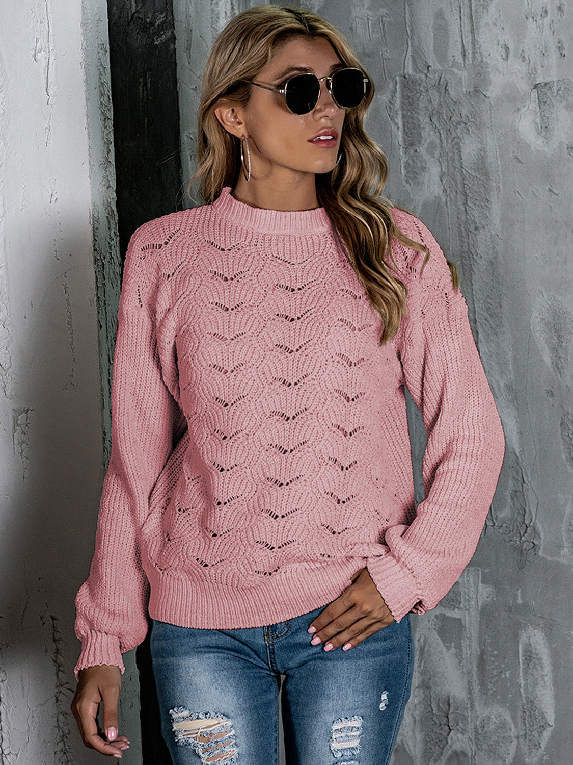 Openwork Mock Neck Long Sleeve Sweater openwork design