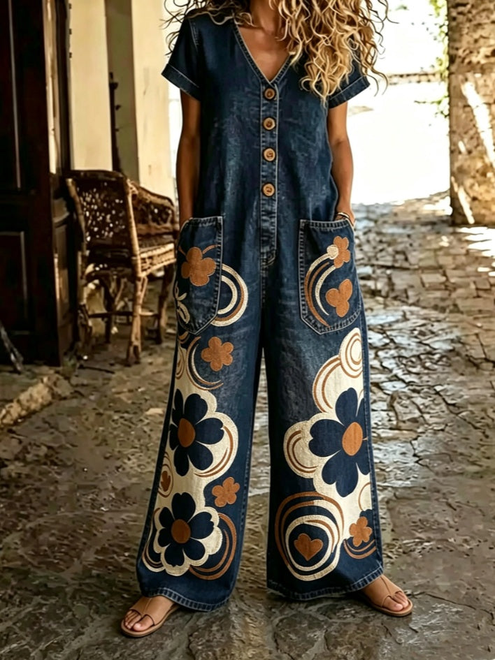 Casual Buttoned Jumpsuit featuring a wide-leg style, denim fabric, and colorful floral embroidery.