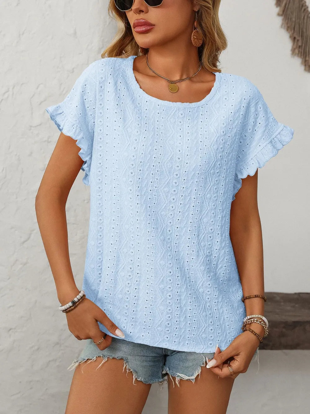 Mandy Eyelet Round Neck Top frill accent
