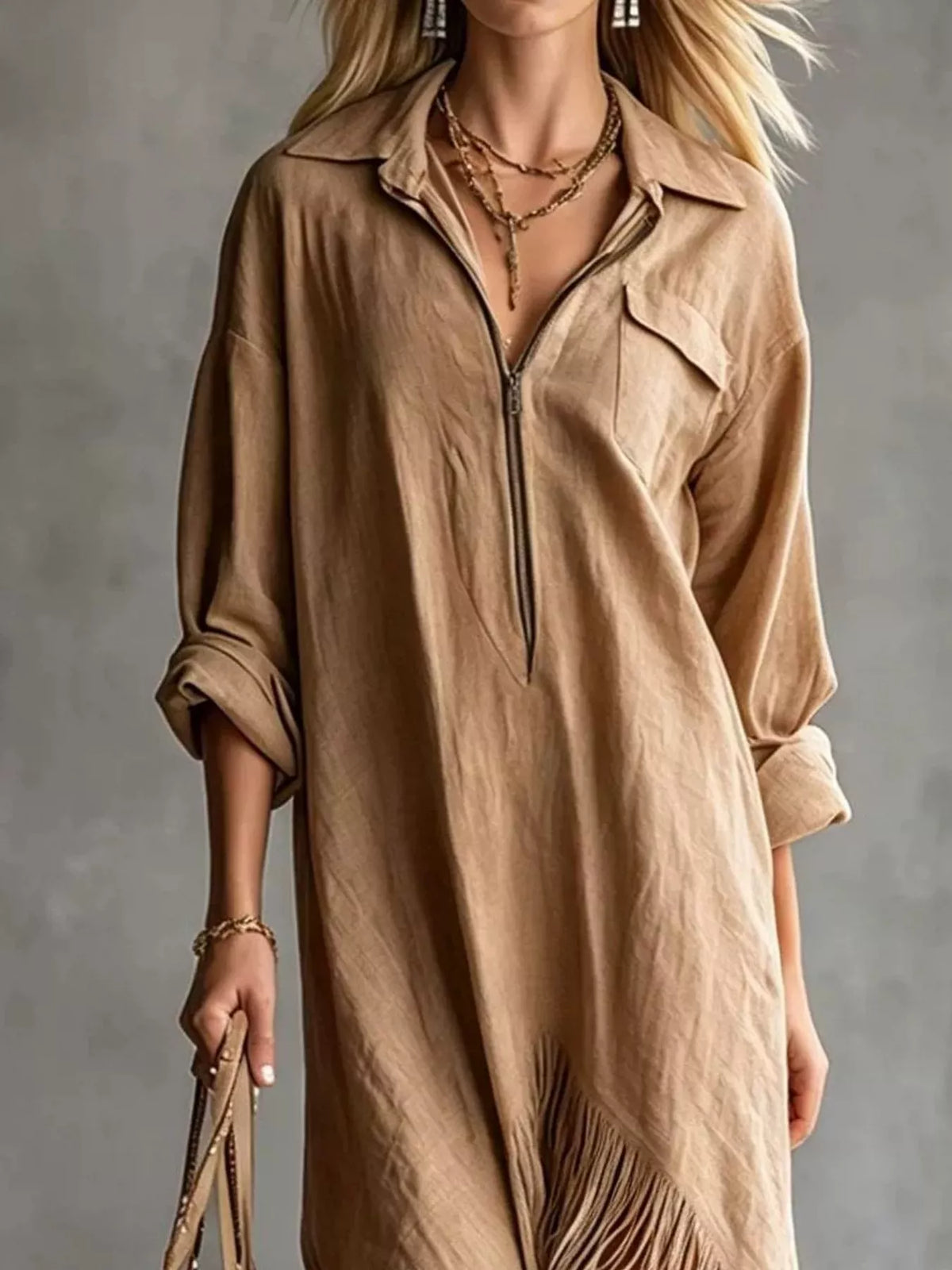 Fringe Hem Zip-Up Shirt Dress women&