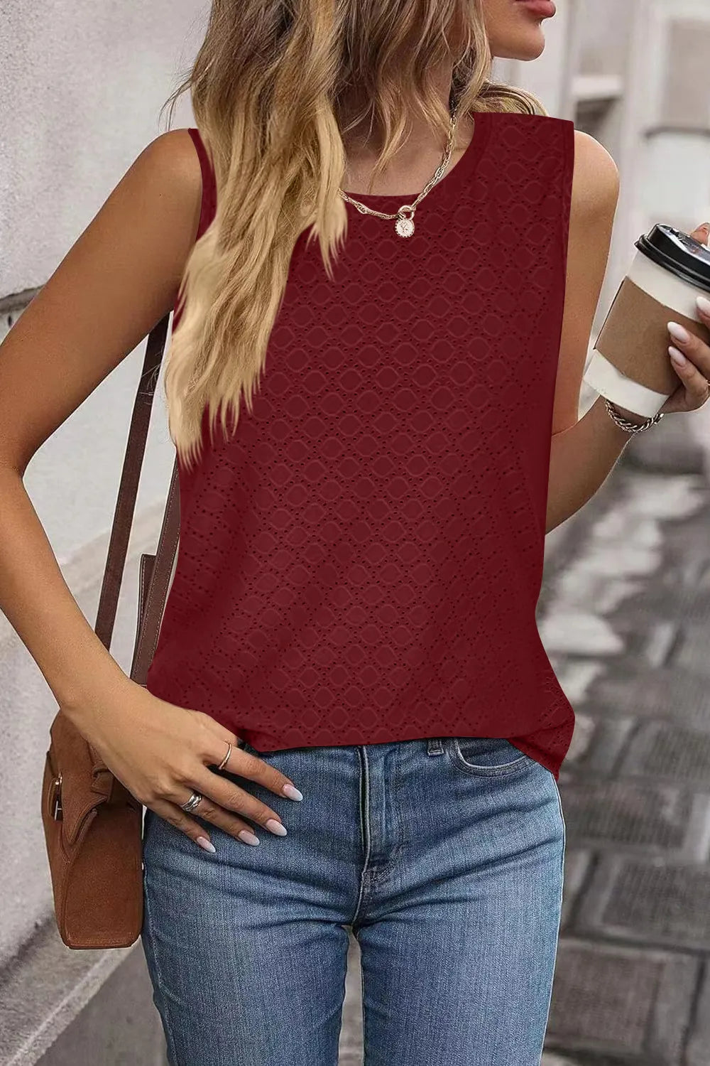 Eyelet Round Neck Tank sleeveless design
