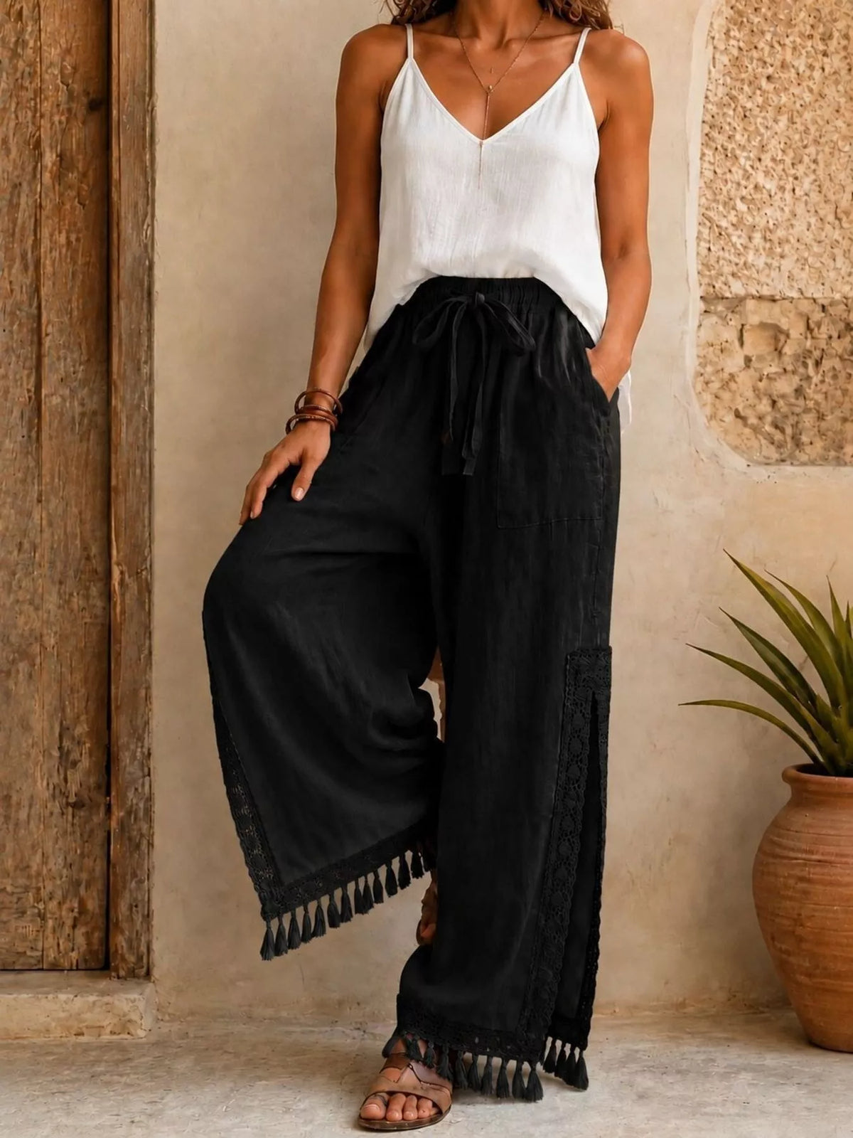 Lace Detail Wide Leg Pants lace detail