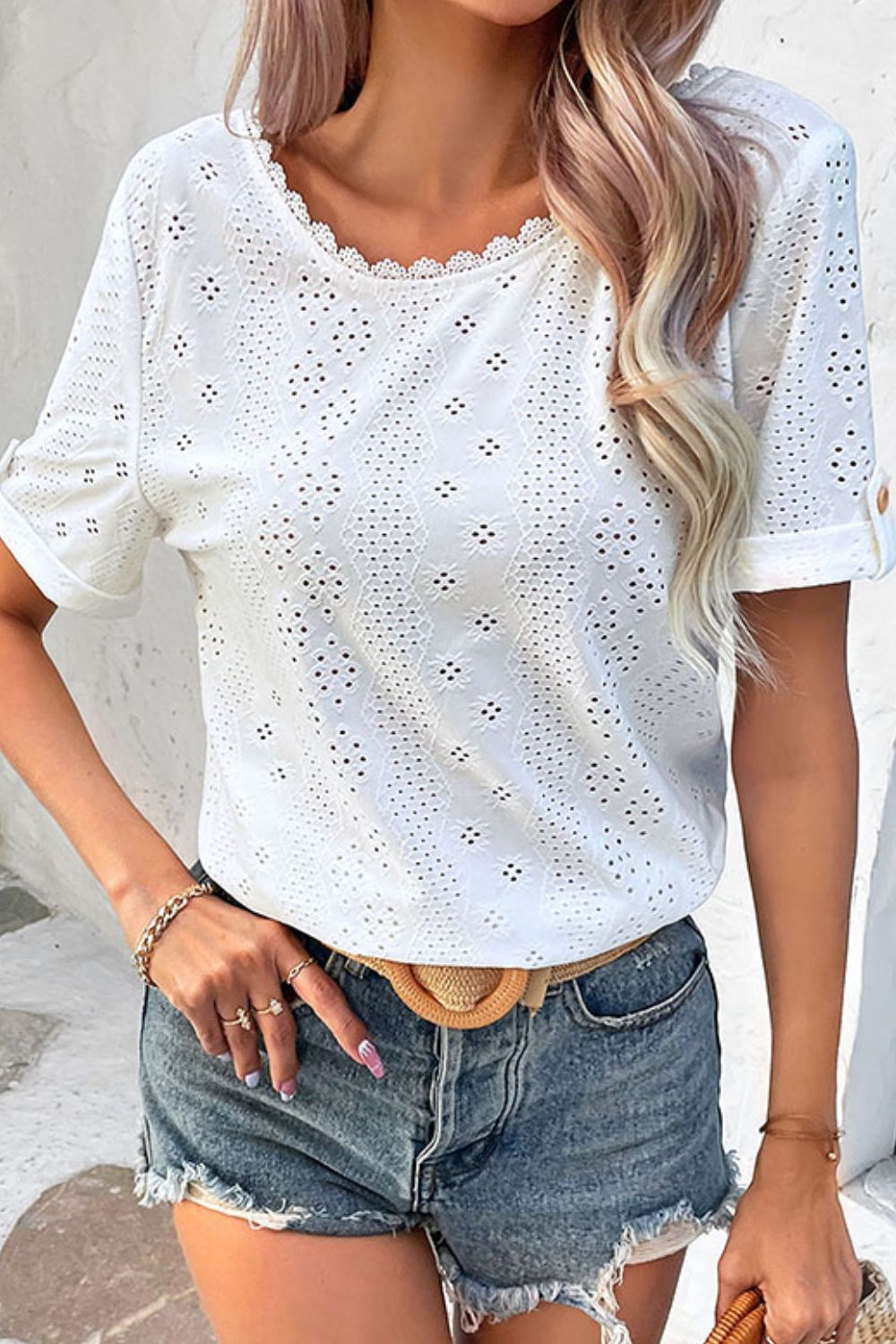 Eyelet Short Sleeve Shirt casual outfit