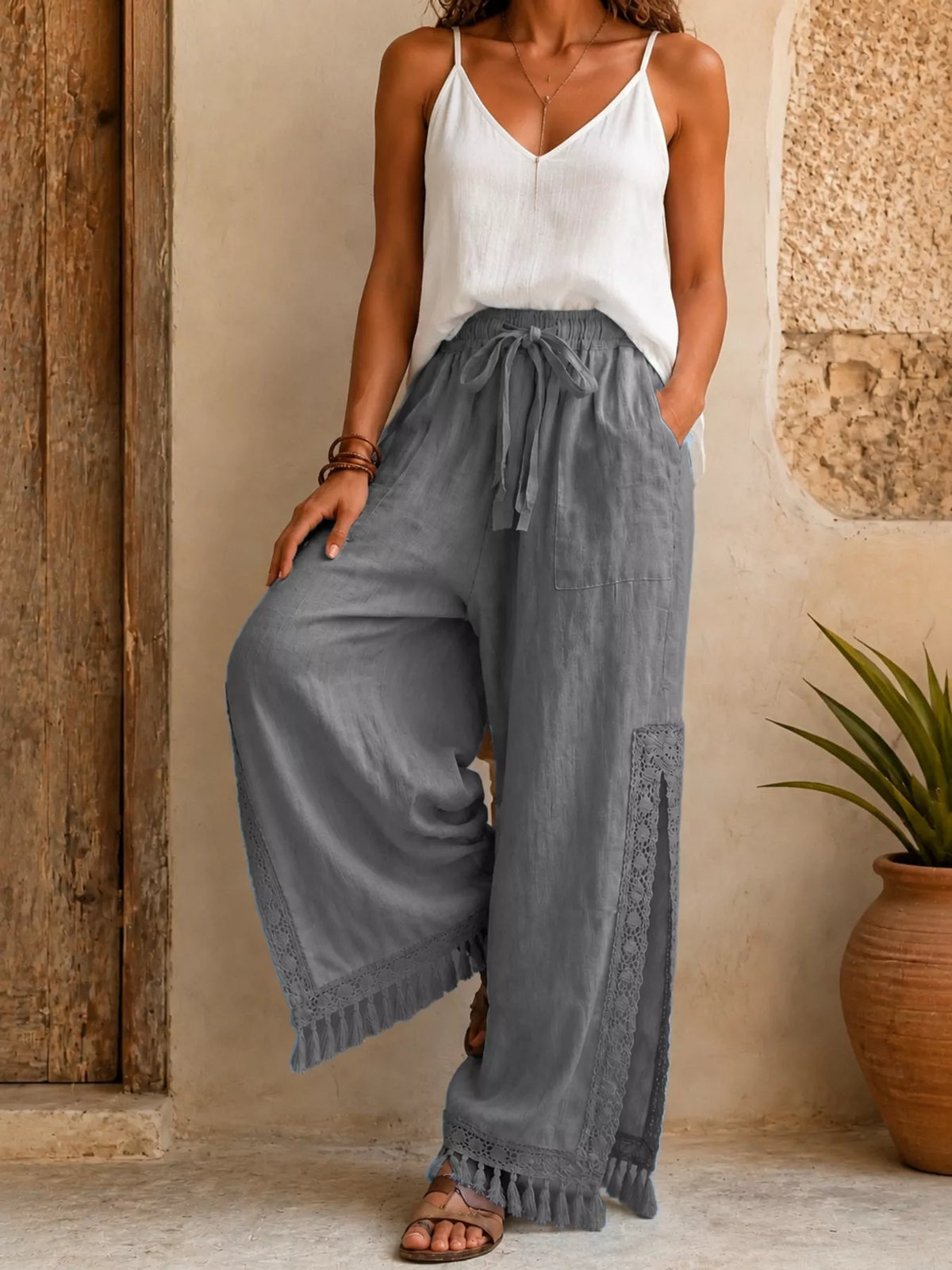 Lace Detail Wide Leg Pants lace detail
