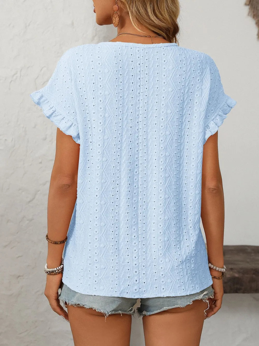 Mandy Eyelet Round Neck Top frill accent