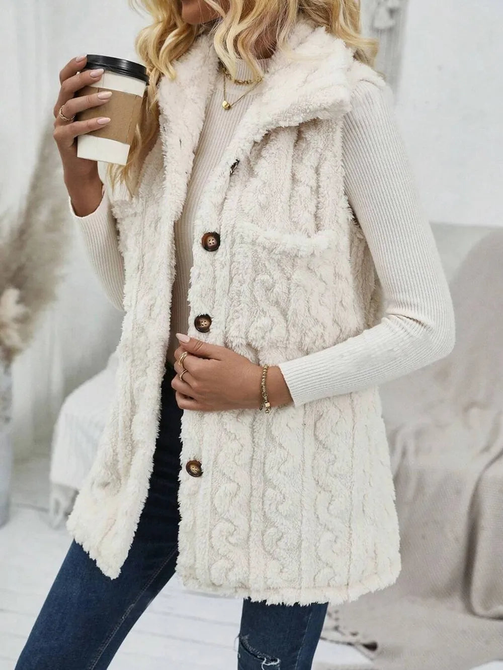 Fuzzy Button Up Vest Coat cozy style