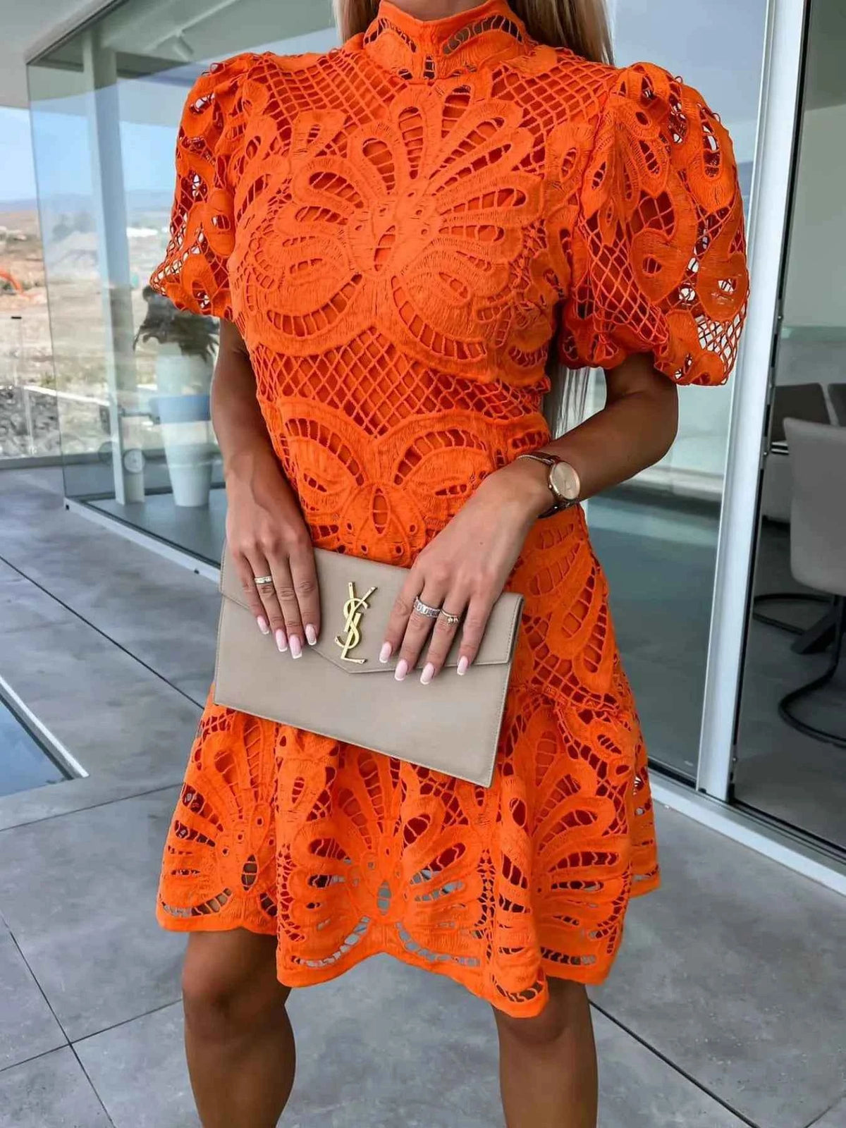 Elevate Your Style with Our Lace Mock Neck Puff Sleeve Dress