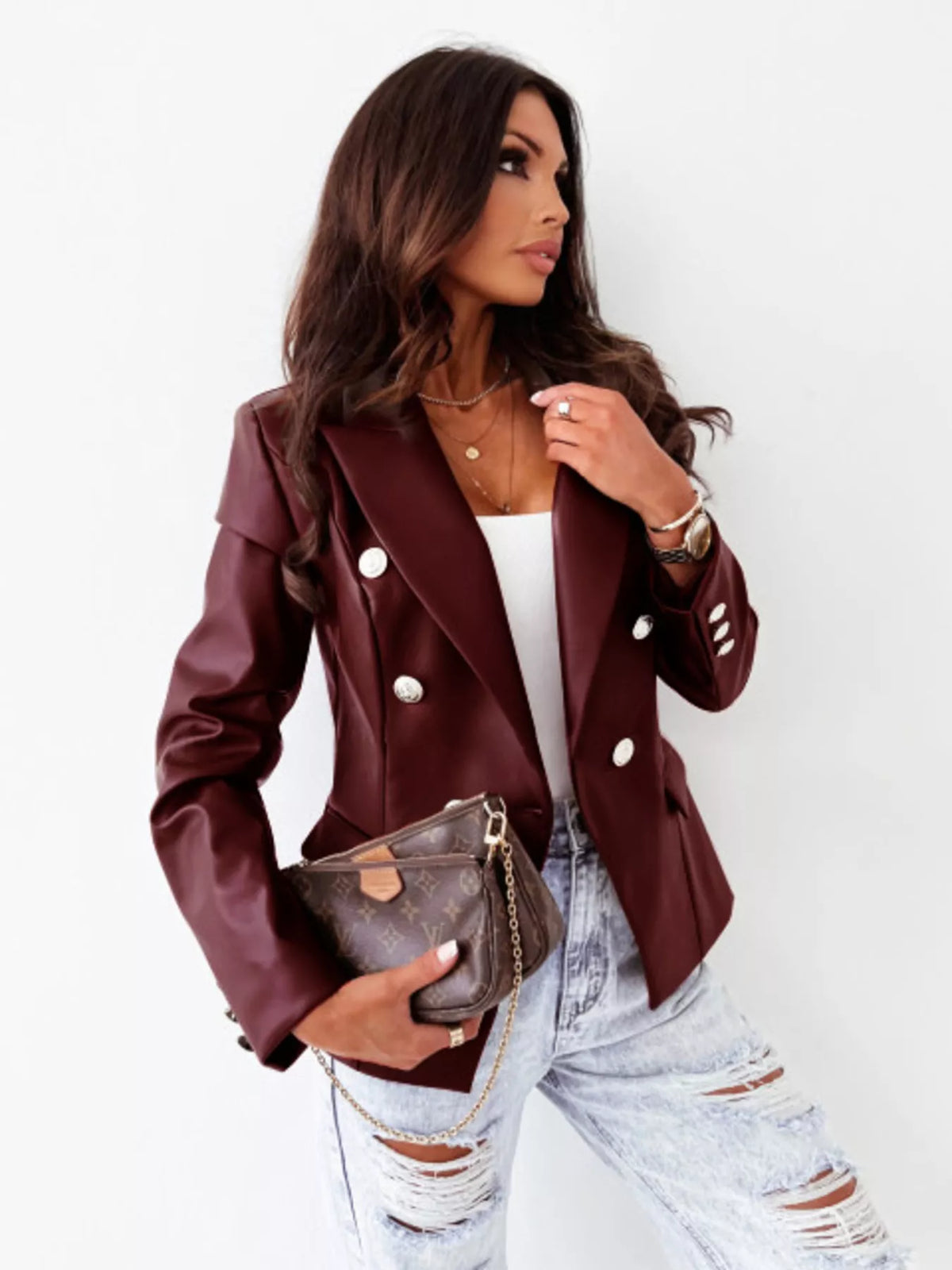 Lapel Collar Leather Blazer double-breasted design