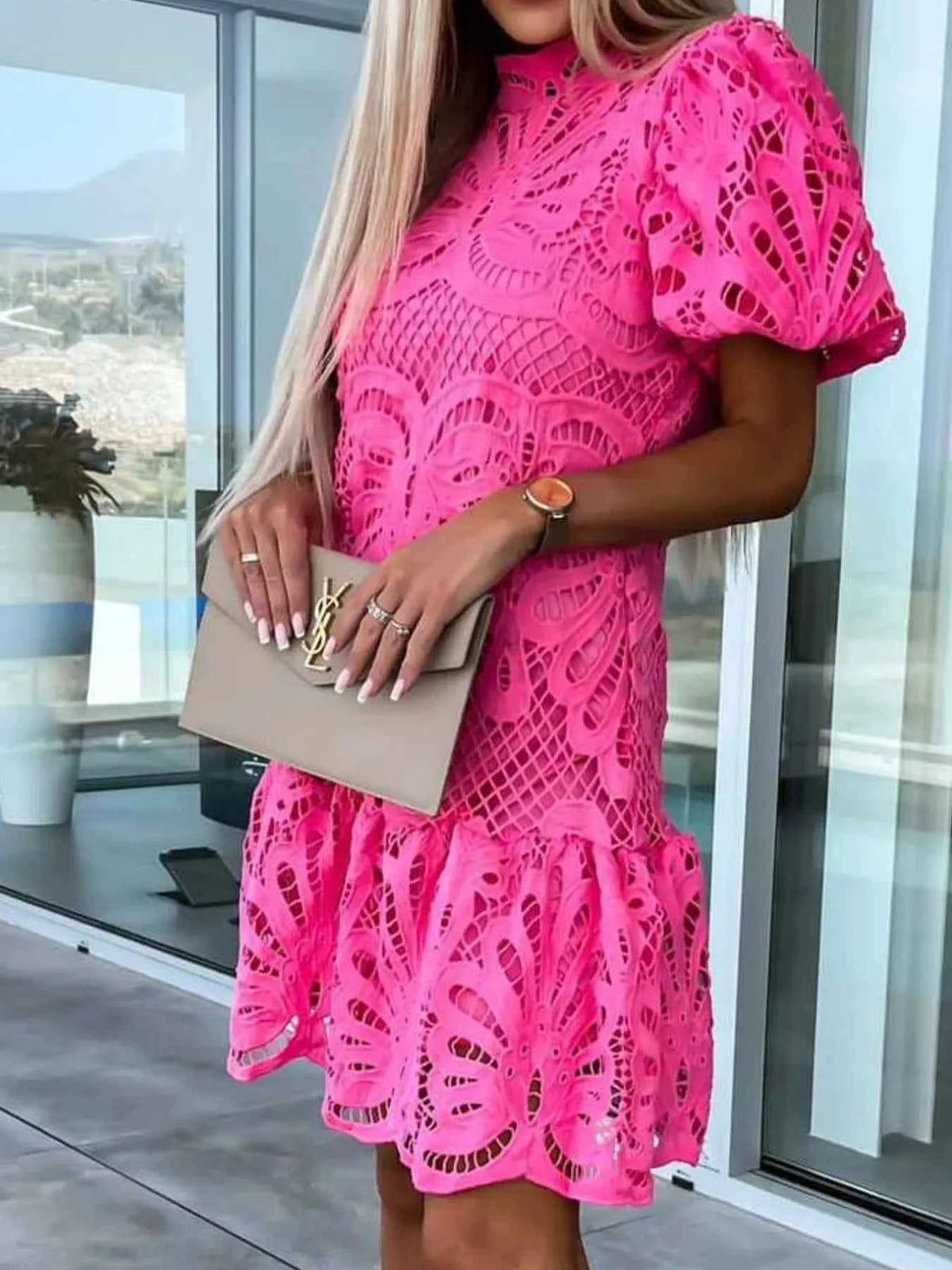 Elevate Your Style with Our Lace Mock Neck Puff Sleeve Dress