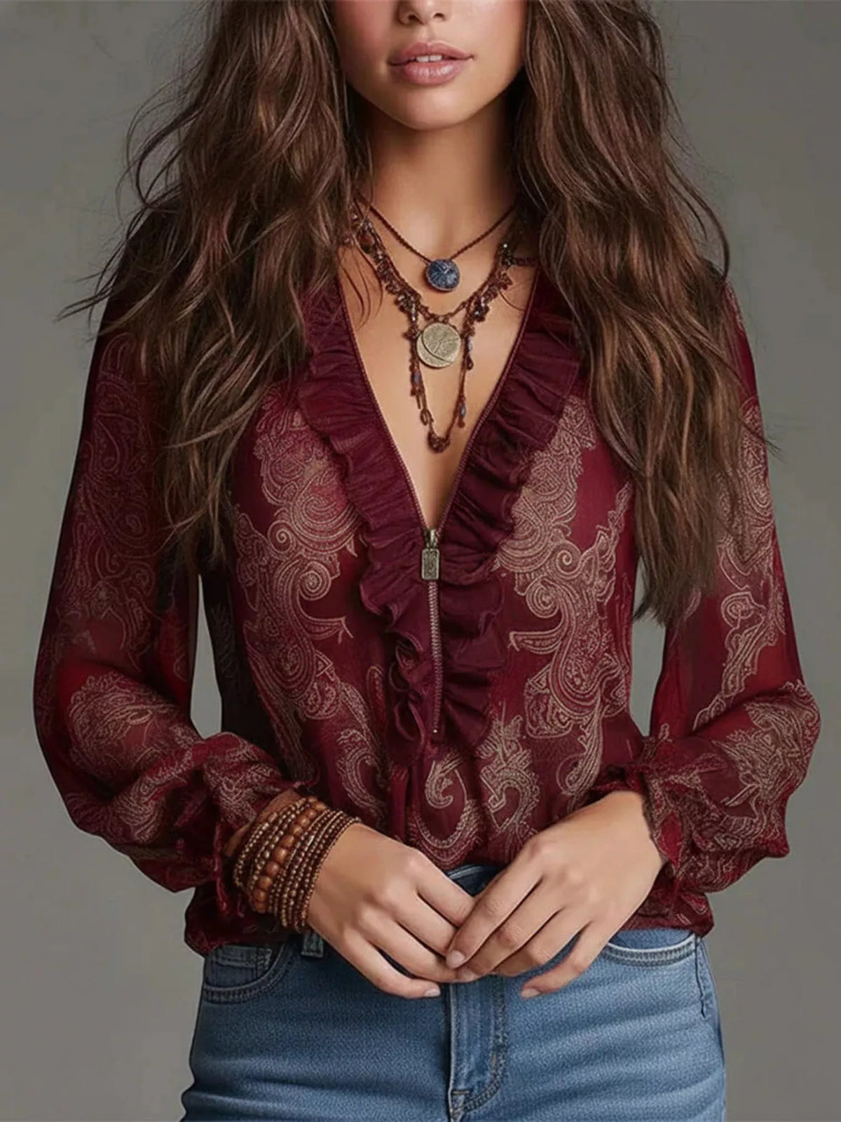 Plus Size Paisley Print Blouse women&