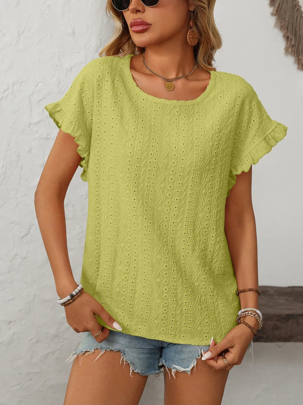Mandy Eyelet Round Neck Top frill accent