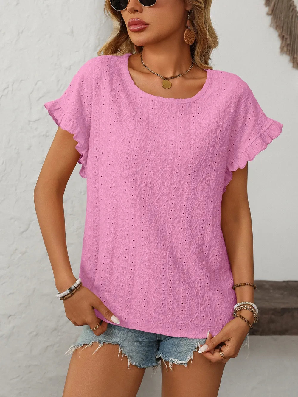 Mandy Eyelet Round Neck Top frill accent