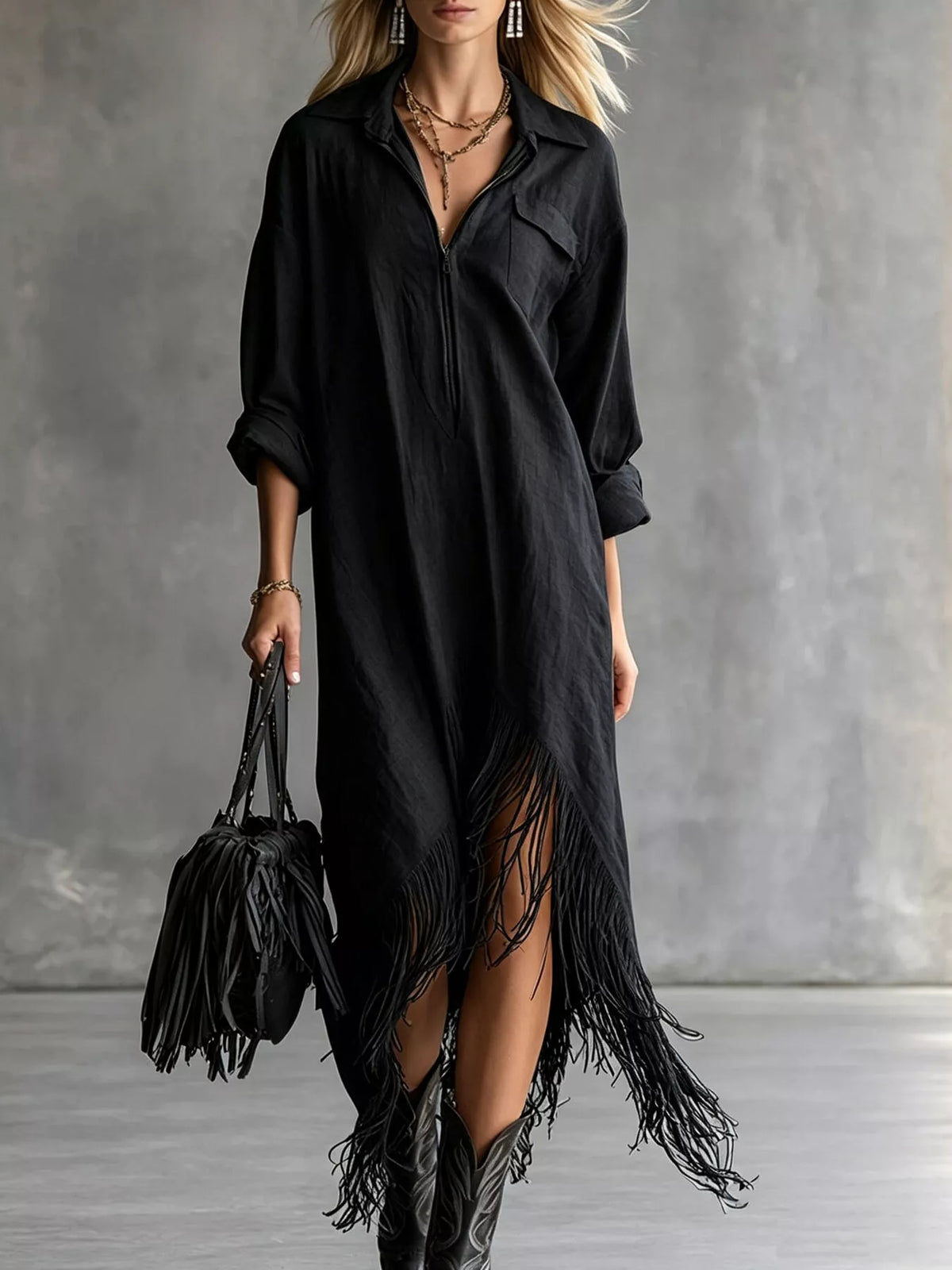 Fringe Hem Zip-Up Shirt Dress women&