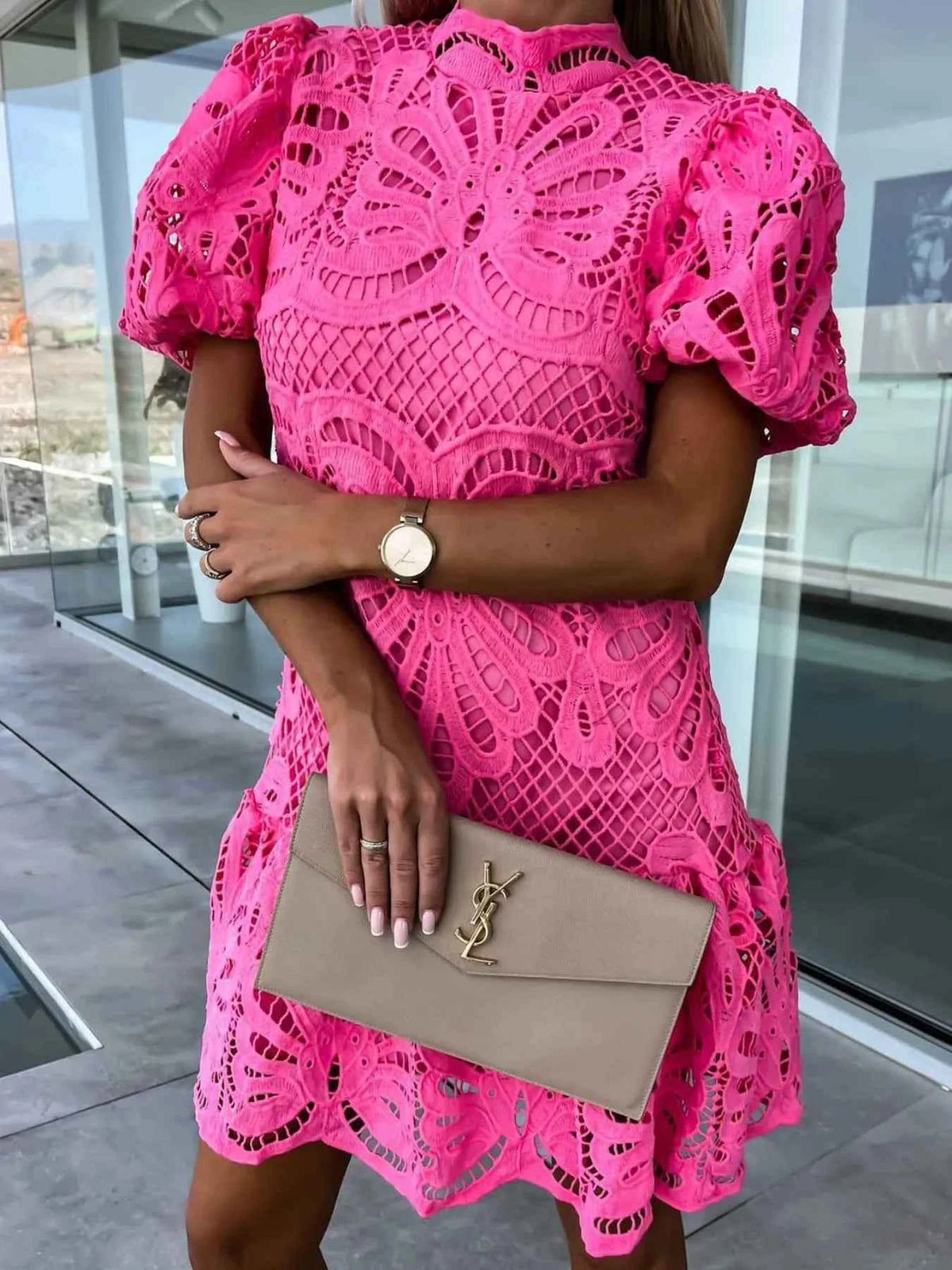 Elevate Your Style with Our Lace Mock Neck Puff Sleeve Dress