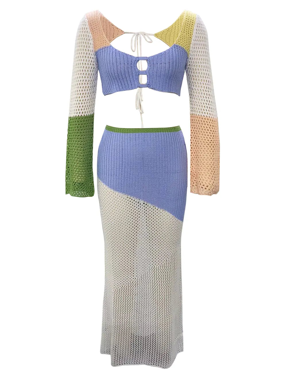 Tied Long Sleeve Cover Up Set openwork design