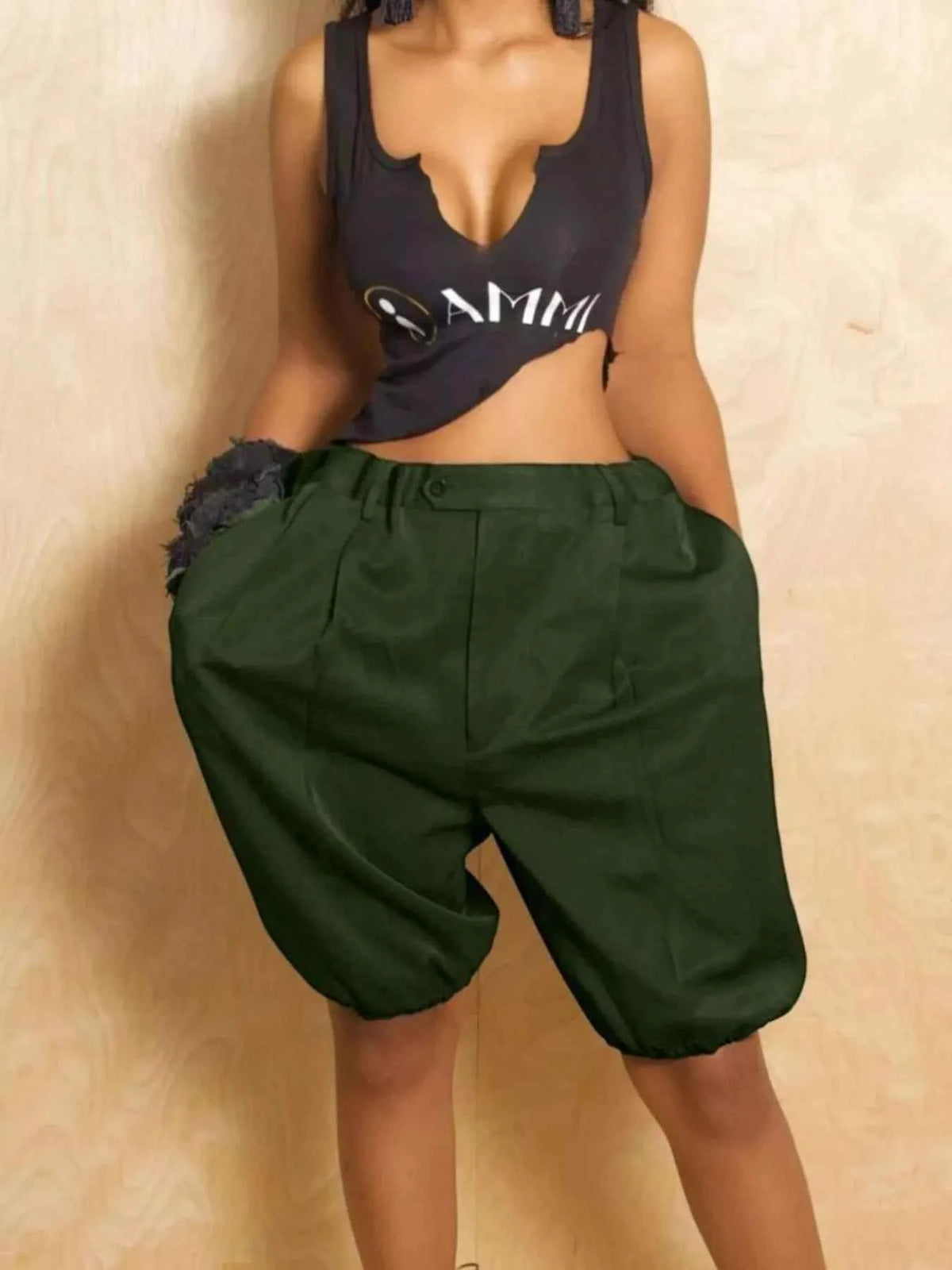 Pleated high waist shorts with drawstring waist