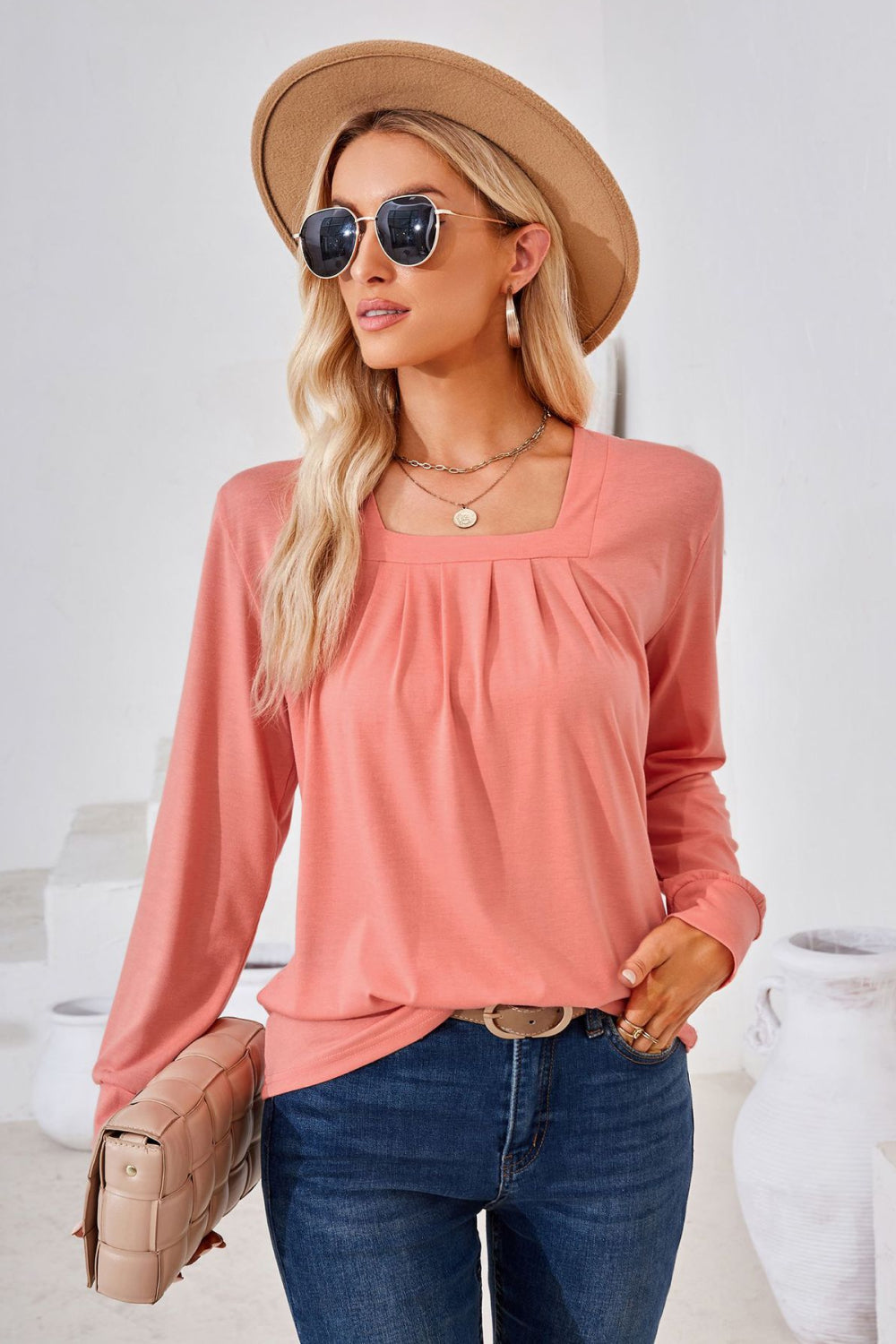 Square Neck Ruched Long Sleeve Blouse long sleeve design