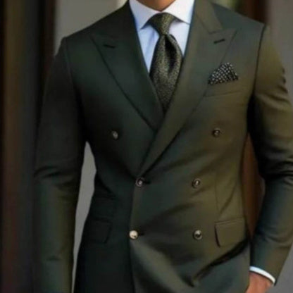Mens suit set showcased on a model wearing a dark double-breasted blazer and stylish tie.
