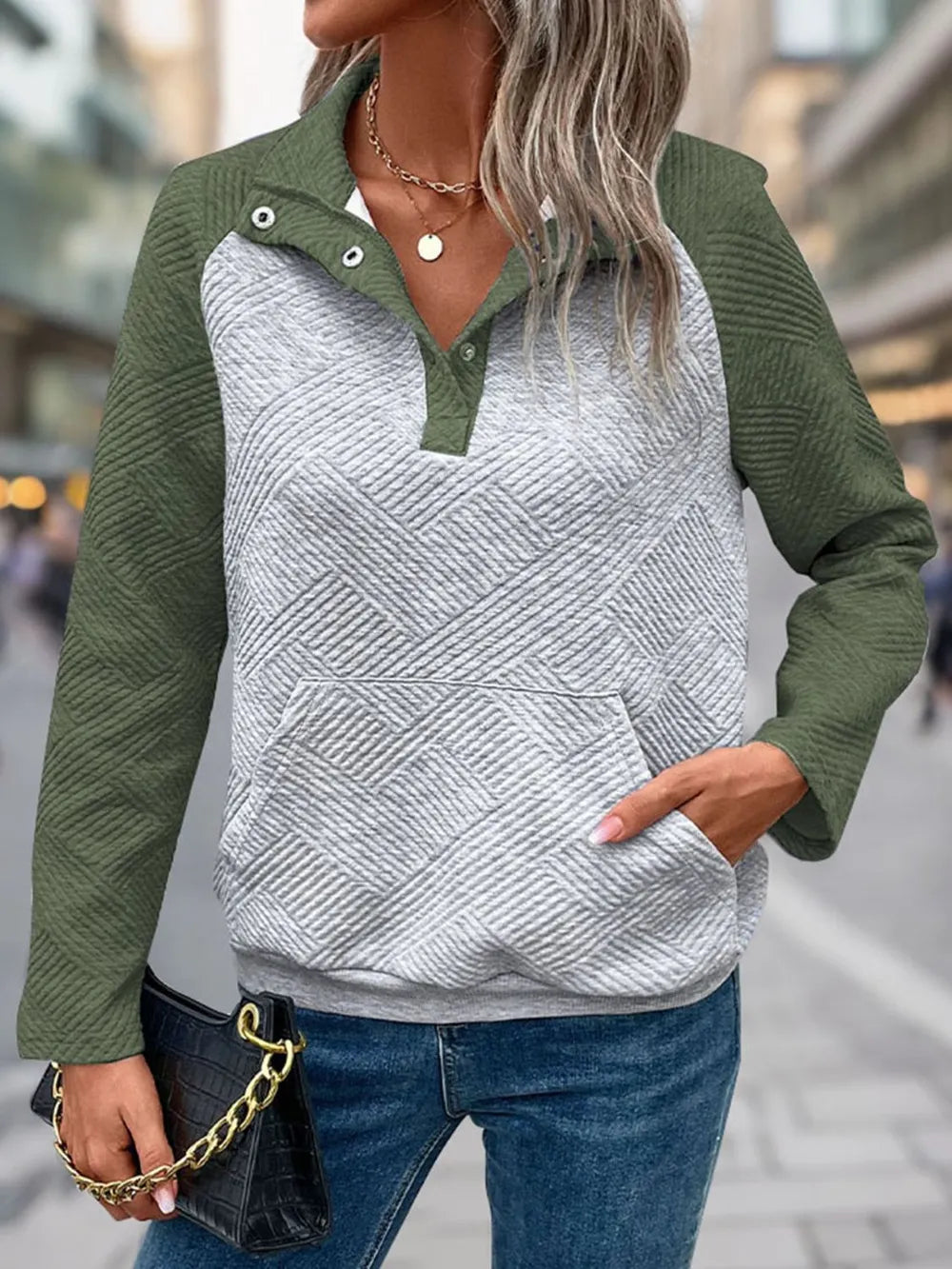 Perfee Contrast Textured Long Sleeve Sweatshirt textured design