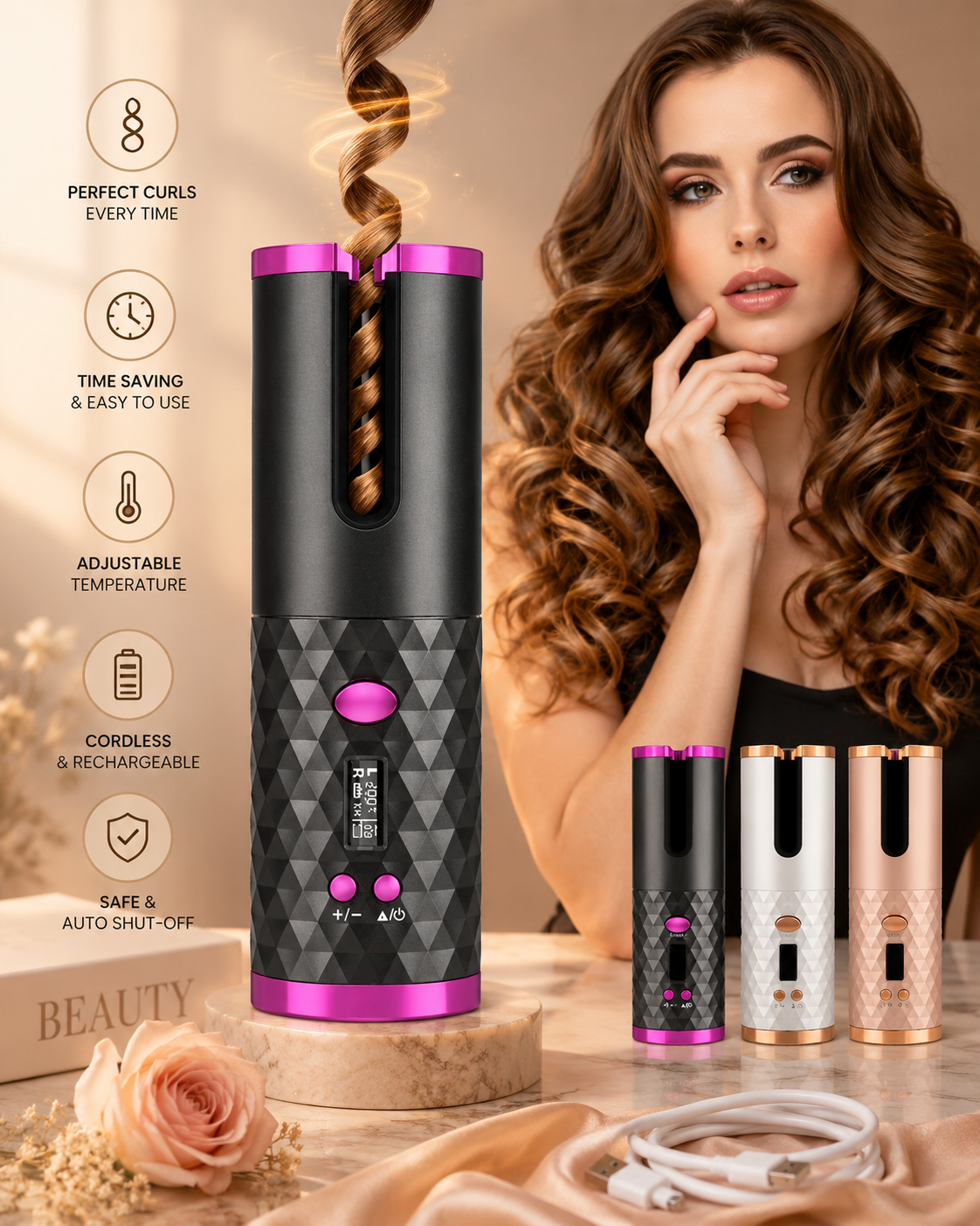 Portable hair curler for women showcased with features and user demonstrating effortless curls.