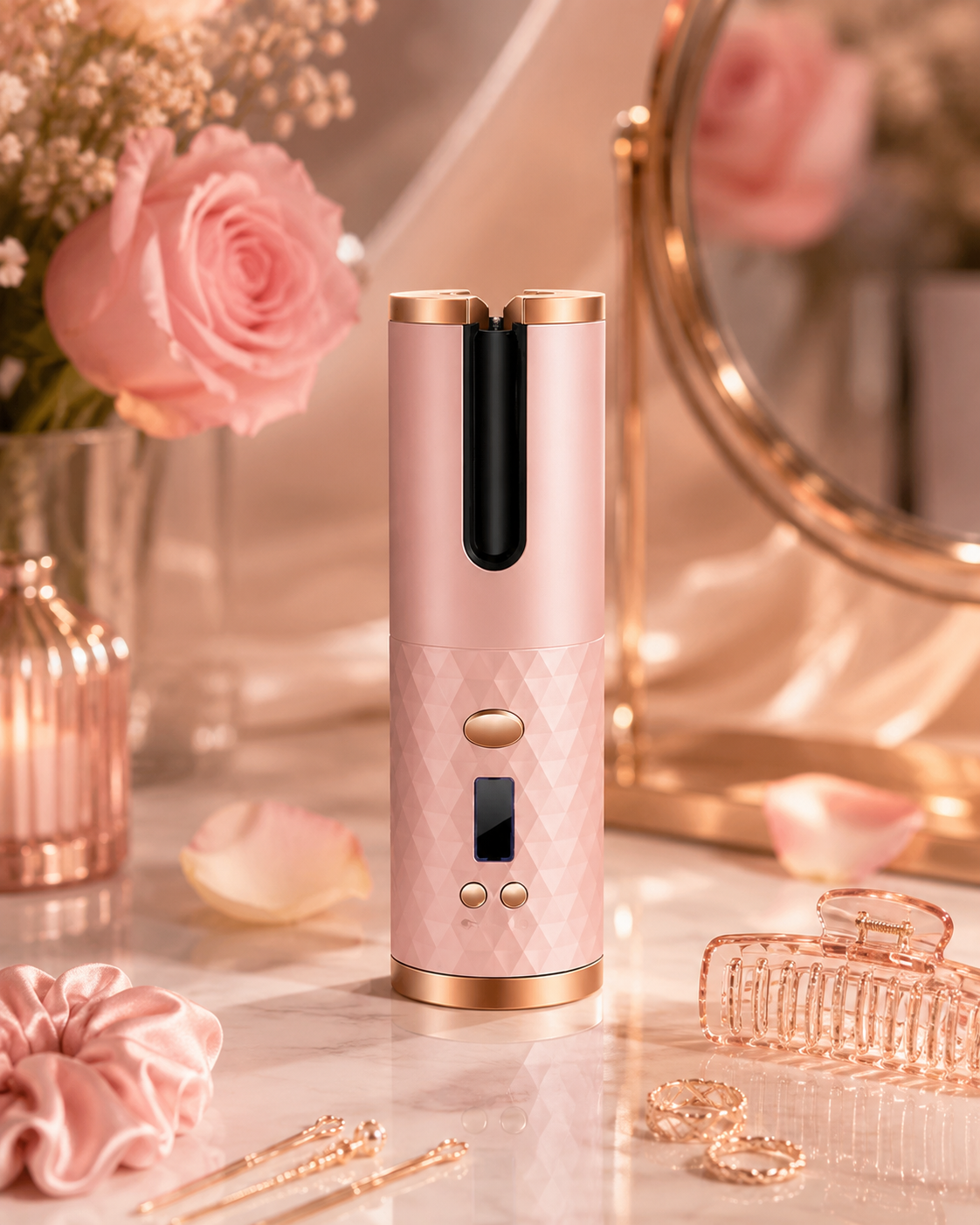 Portable hair curler for women in a stylish setting with pink roses and elegant accessories.