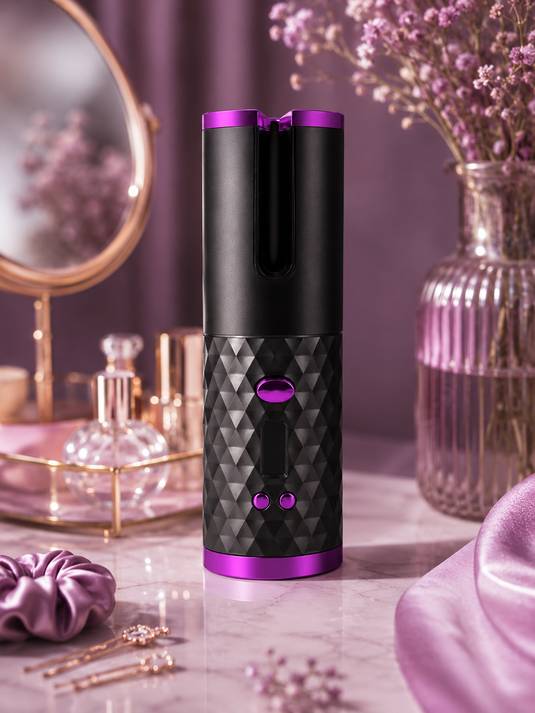 Portable hair curler for women in a stylish setting, perfect for effortless curls on the go.