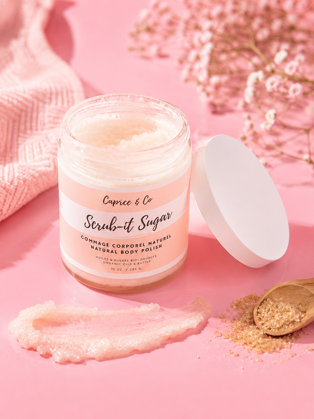 Luxurious body scrub with white freesia orchid and vanilla