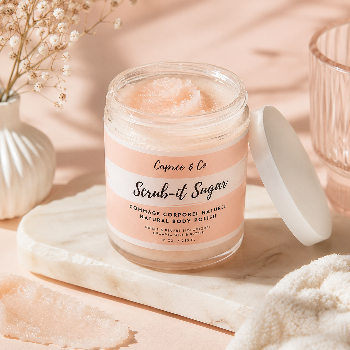 Luxurious body scrub with white freesia orchid and vanilla