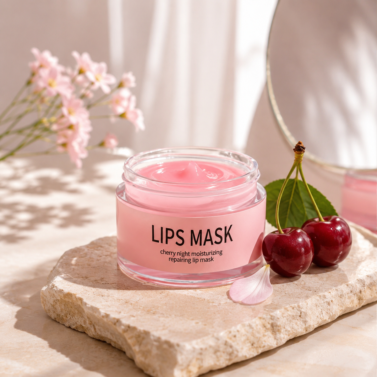 Intensive lip moisturizer in a cherry night mask jar with fresh cherries and pink flowers, offering deep hydration for soft lips.