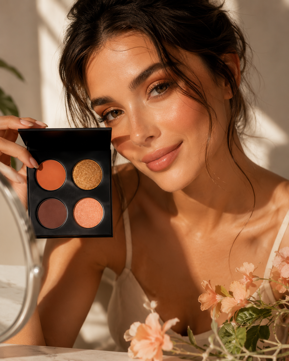 Model showcasing the versatile makeup palette with shimmer and matte shades, perfect for any beauty look.