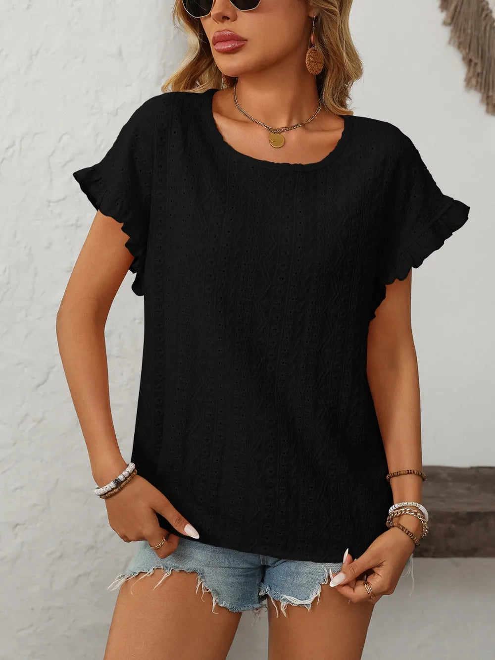Mandy Eyelet Round Neck Top frill accent