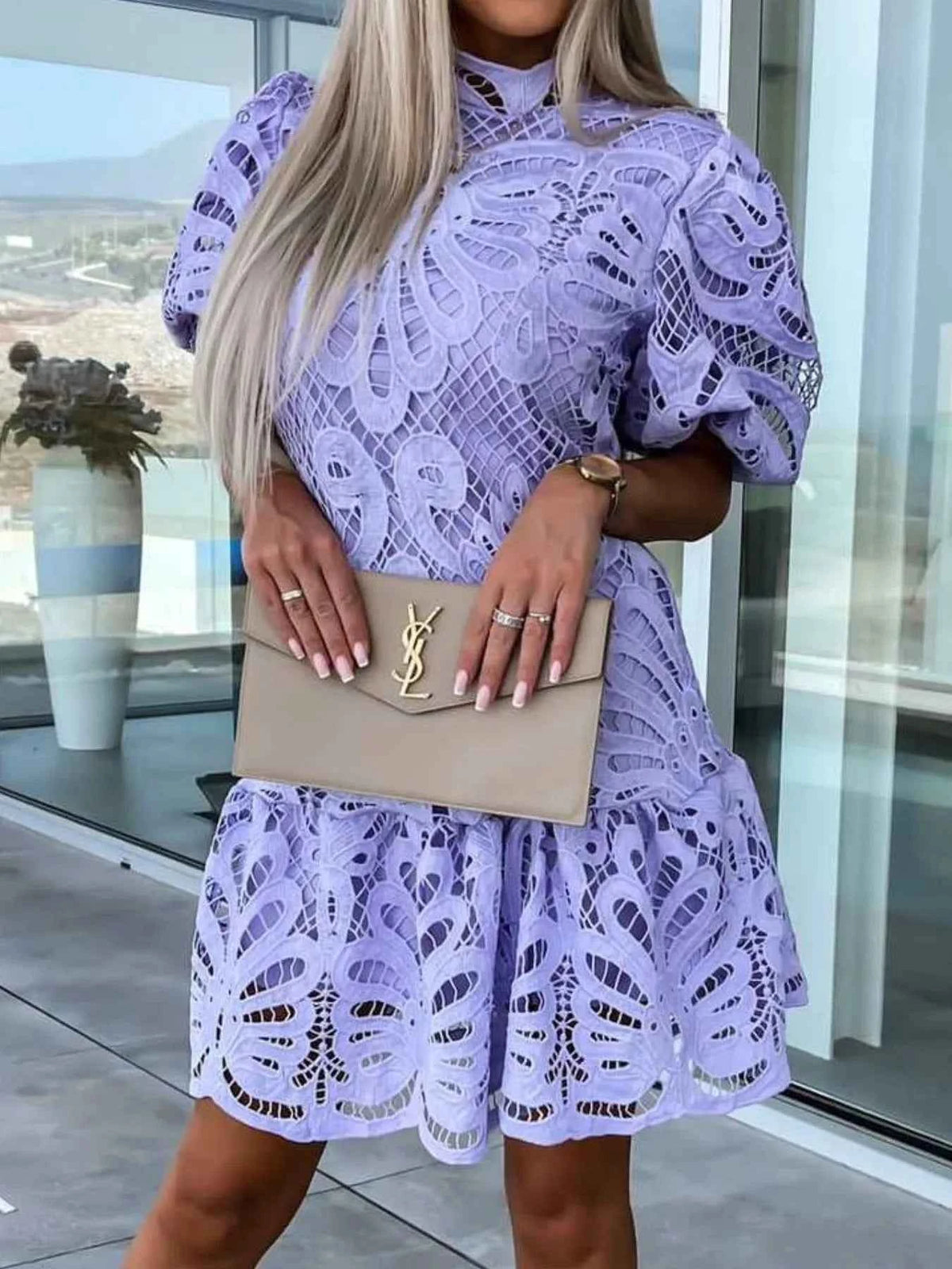 Elevate Your Style with Our Lace Mock Neck Puff Sleeve Dress