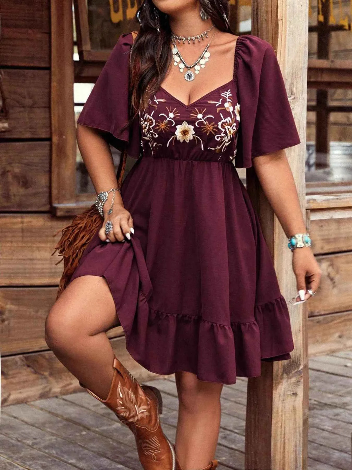 Embroidered Flutter Sleeve Mini Dress