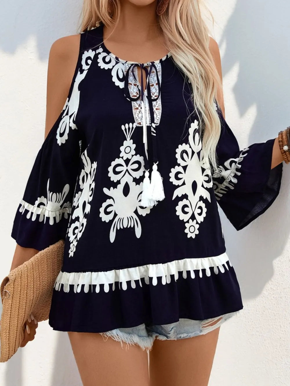 Tassel Tie Neck Cold Shoulder Blouse styled outfit