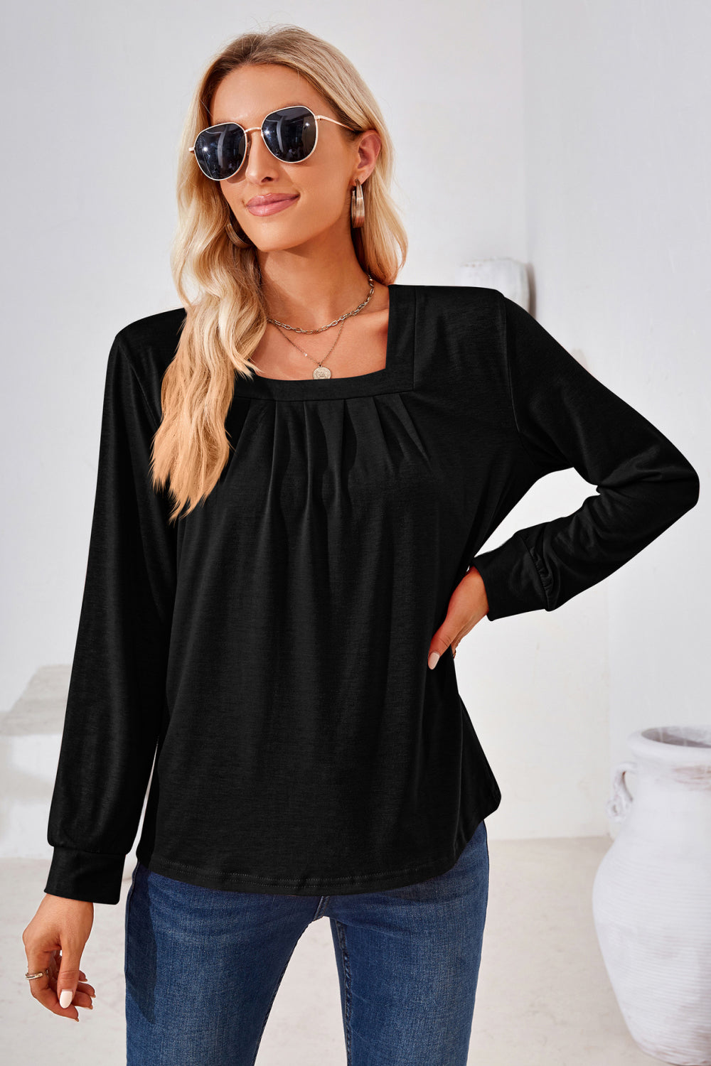 Square Neck Ruched Long Sleeve Blouse long sleeve design