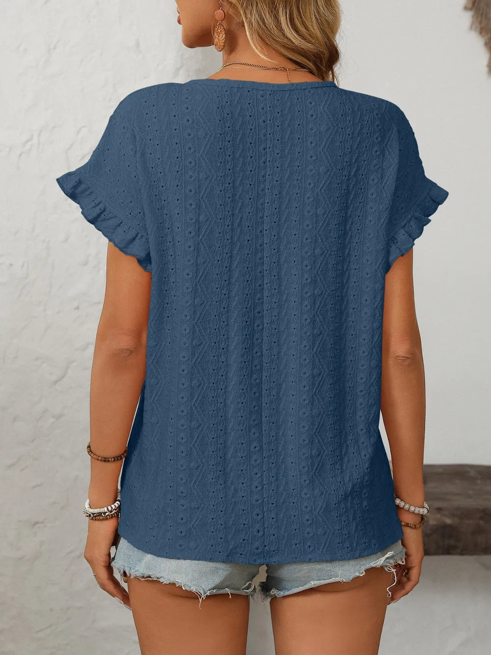 Mandy Eyelet Round Neck Top frill accent